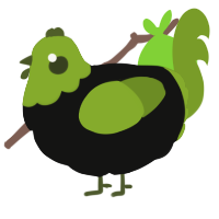 A black and chartreuse chicken with a head pattern