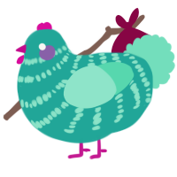 A turquoise and mint chicken with a bar pattern