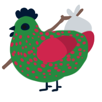 A viridian and crimson chicken with a speckle pattern