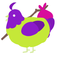 A lime and violet chicken with a head pattern