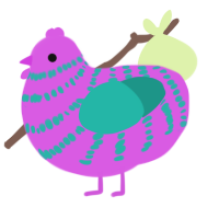 A orchid and turquoise chicken with a bar pattern