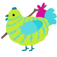 A lime and aqua chicken with a bar pattern