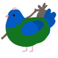 A leaf and ultramarine chicken with a head pattern
