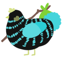 A black and aqua chicken with a bar pattern