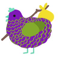 A violet and chartreuse chicken with a lace pattern