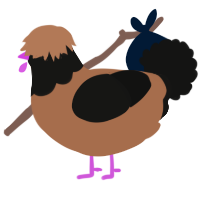 A brown and black chicken with a head pattern