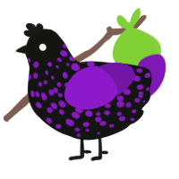 A black and violet chicken with a speckle pattern