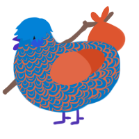 A sapphire and vermilion chicken with a double-lace pattern