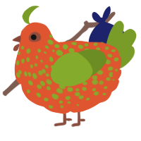 A vermilion and chartreuse chicken with a speckle pattern
