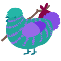 A turquoise and blurple chicken with a bar pattern