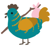 A teal and ochre chicken with a half-bar pattern