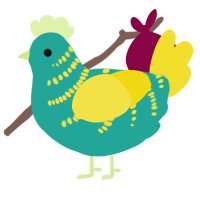 A turquoise and yellow chicken with a half-bar pattern