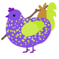 A blurple and lime chicken with a speckle pattern