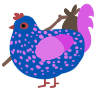 Red Bull, a ultramarine and orchid chicken with a speckle pattern