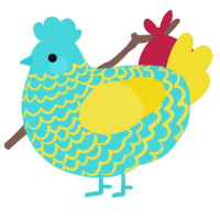 A aqua and yellow chicken with a lace pattern
