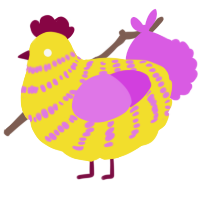 A yellow and orchid chicken with a bar pattern