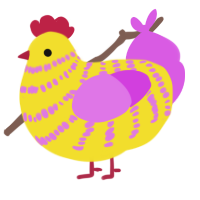 A yellow and orchid chicken with a bar pattern
