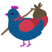 A ultramarine and crimson chicken with a neck-speckle pattern