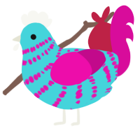 A aqua and fuchsia chicken with a bar pattern