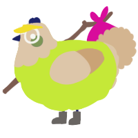 A lime and beige chicken with a head pattern