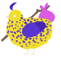 A yellow and indigo chicken with a speckle pattern