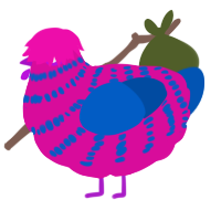 A fuchsia and ultramarine chicken with a bar pattern
