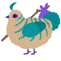 A beige and teal chicken with a half-bar pattern