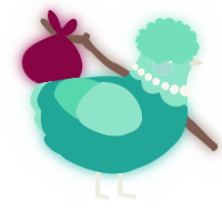 A turquoise and mint chicken with a head pattern
