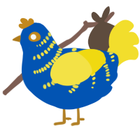 A ultramarine and yellow chicken with a half-bar pattern