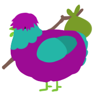 A plum and turquoise chicken with a head pattern