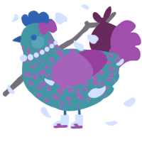 A turquoise and fuchsia chicken with a speckle pattern