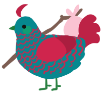 A teal and crimson chicken with a lace pattern
