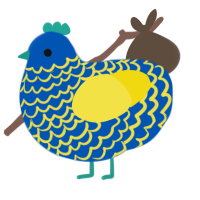 A ultramarine and yellow chicken with a lace pattern