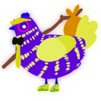 A blurple and lemon chicken with a bar pattern