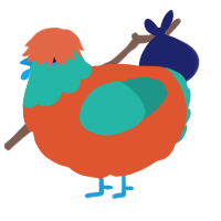 A vermilion and turquoise chicken with a head pattern
