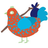 A vermilion and cerulean chicken with a speckle pattern