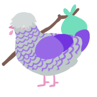 John Chickenpet, a silver and blurple chicken with a lace pattern