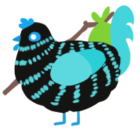 A black and aqua chicken with a bar pattern