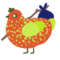 A vermilion and lime chicken with a speckle pattern