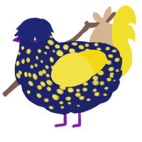 A navy and yellow chicken with a speckle pattern
