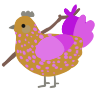 Coco, a gold and orchid chicken with a speckle pattern