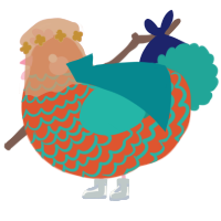 A vermilion and turquoise chicken with a lace pattern
