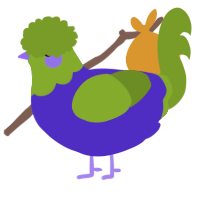 A indigo and chartreuse chicken with a head pattern