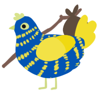 A ultramarine and yellow chicken with a bar pattern