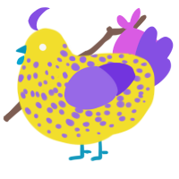 Spot, a yellow and blurple chicken with a speckle pattern