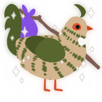 A beige and olive chicken with a bar pattern