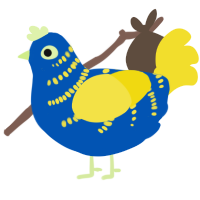 A ultramarine and yellow chicken with a half-bar pattern
