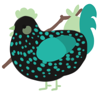A sable and turquoise chicken with a speckle pattern