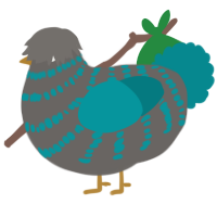 A grey and teal chicken with a bar pattern