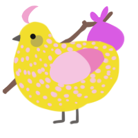A yellow and pink chicken with a speckle pattern